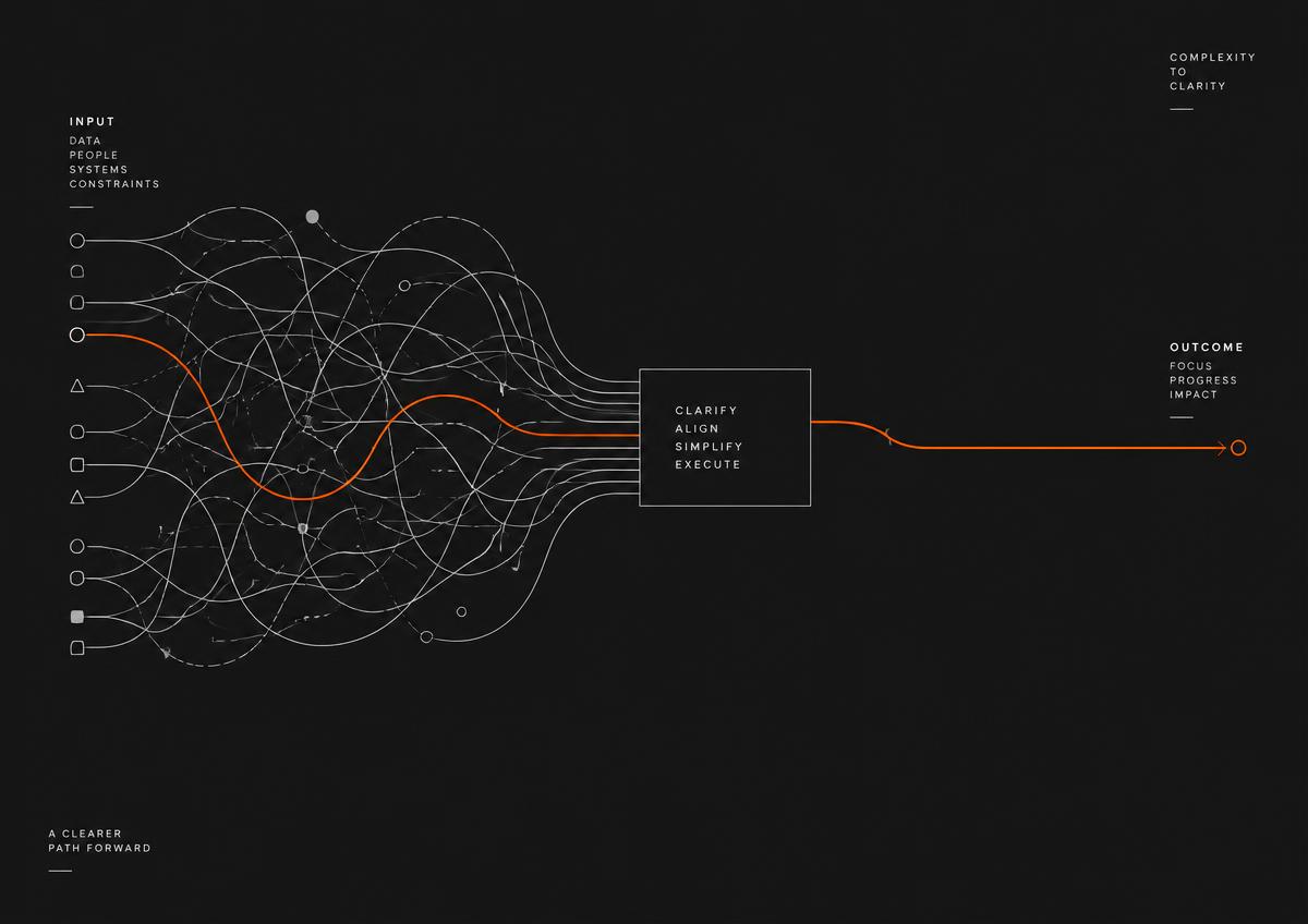 A diagram of tangled paths resolving into one clear line